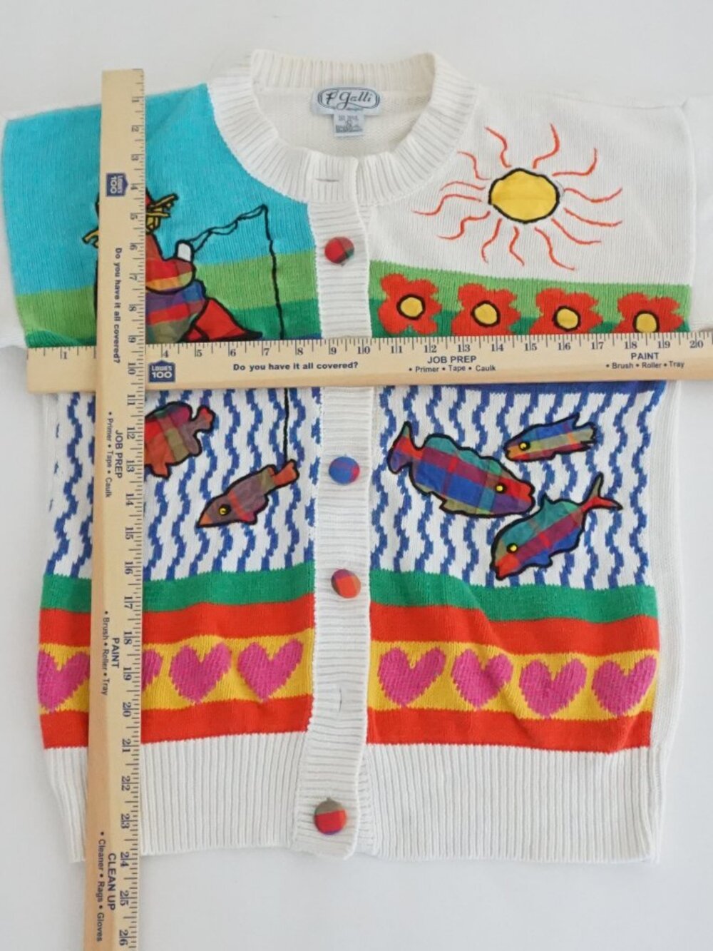 Vintage P Galli White Fishing Lake Cabin Scenic Fish Button Sailor Cardigan L - Picture 3 of 13